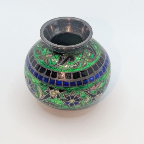 Small Matki of Silver with Enamel work - green